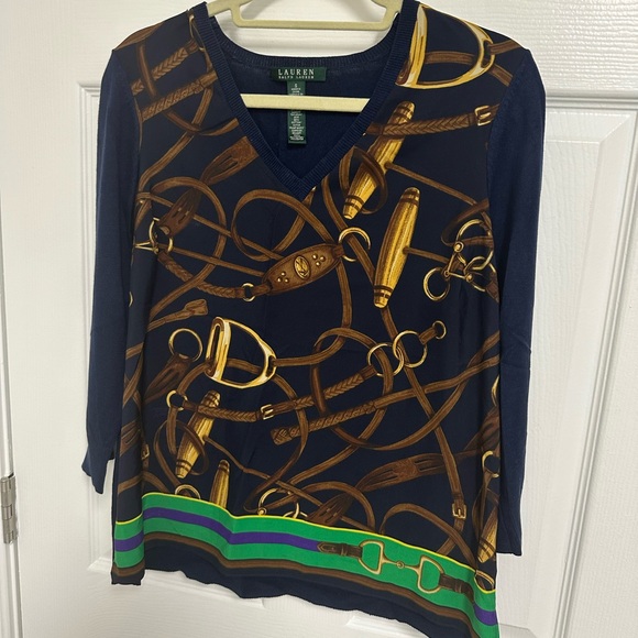 Ralph Lauren Navy and Gold V-Neck Sweater - Picture 1 of 5